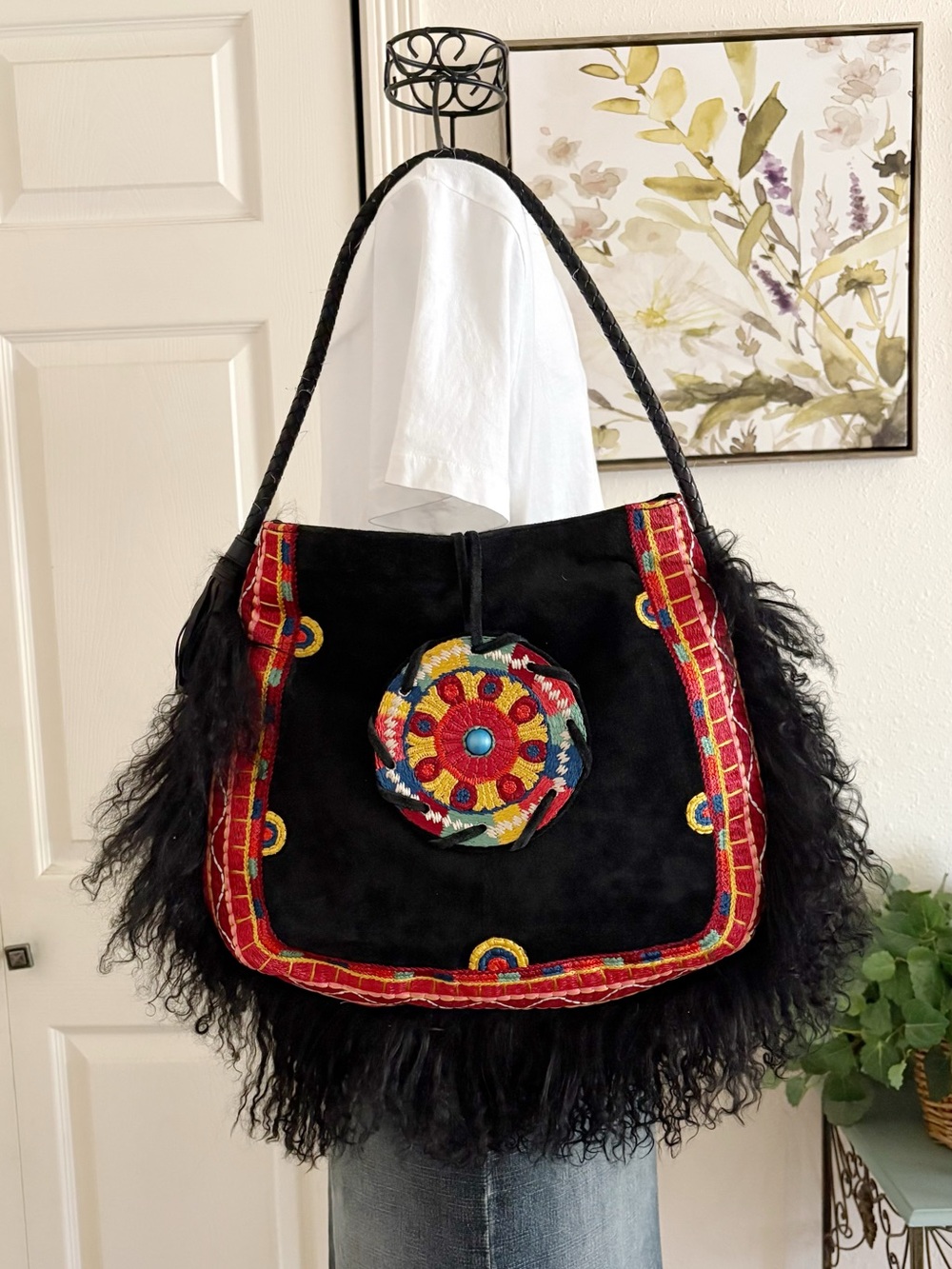 JOSIE NATORI Black Suede Embroidered Lamb Fur Trim Tote Shoulder Bag